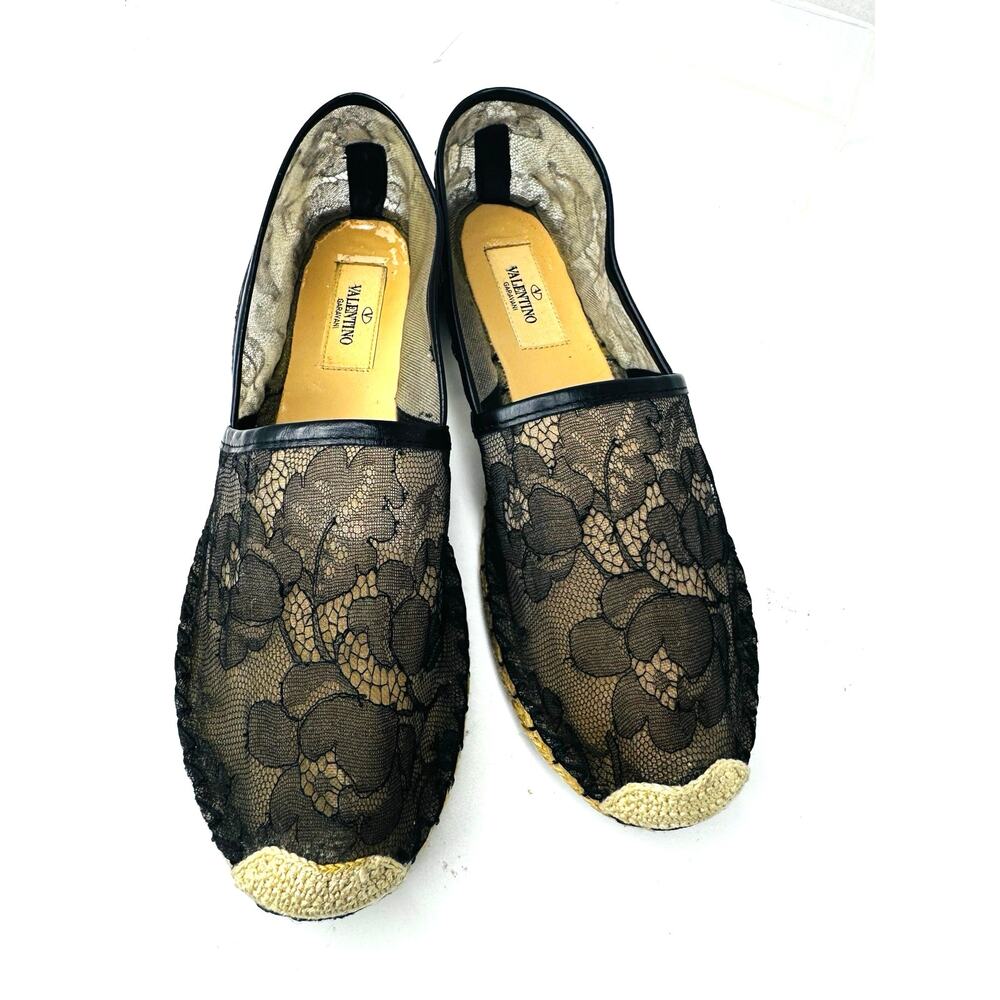 Valentino Black Lace Leather Espadrille Flats Slip On Shoes size EU 37 US 7 - Picture 7 of 9